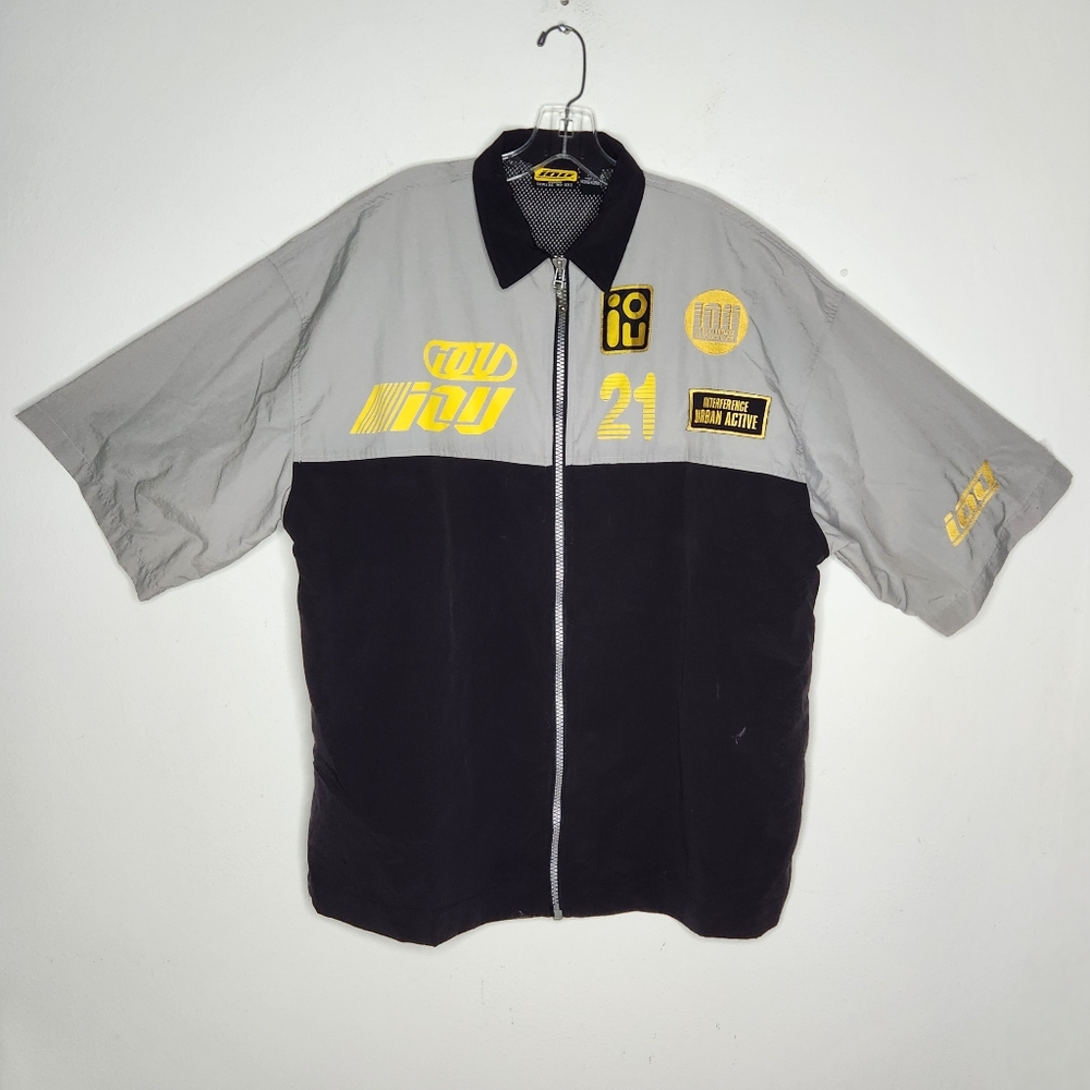 Vintage IOU Zip Work Shirt Men XL Techno System Gray Black Hong Kong 90s Y2k EDM